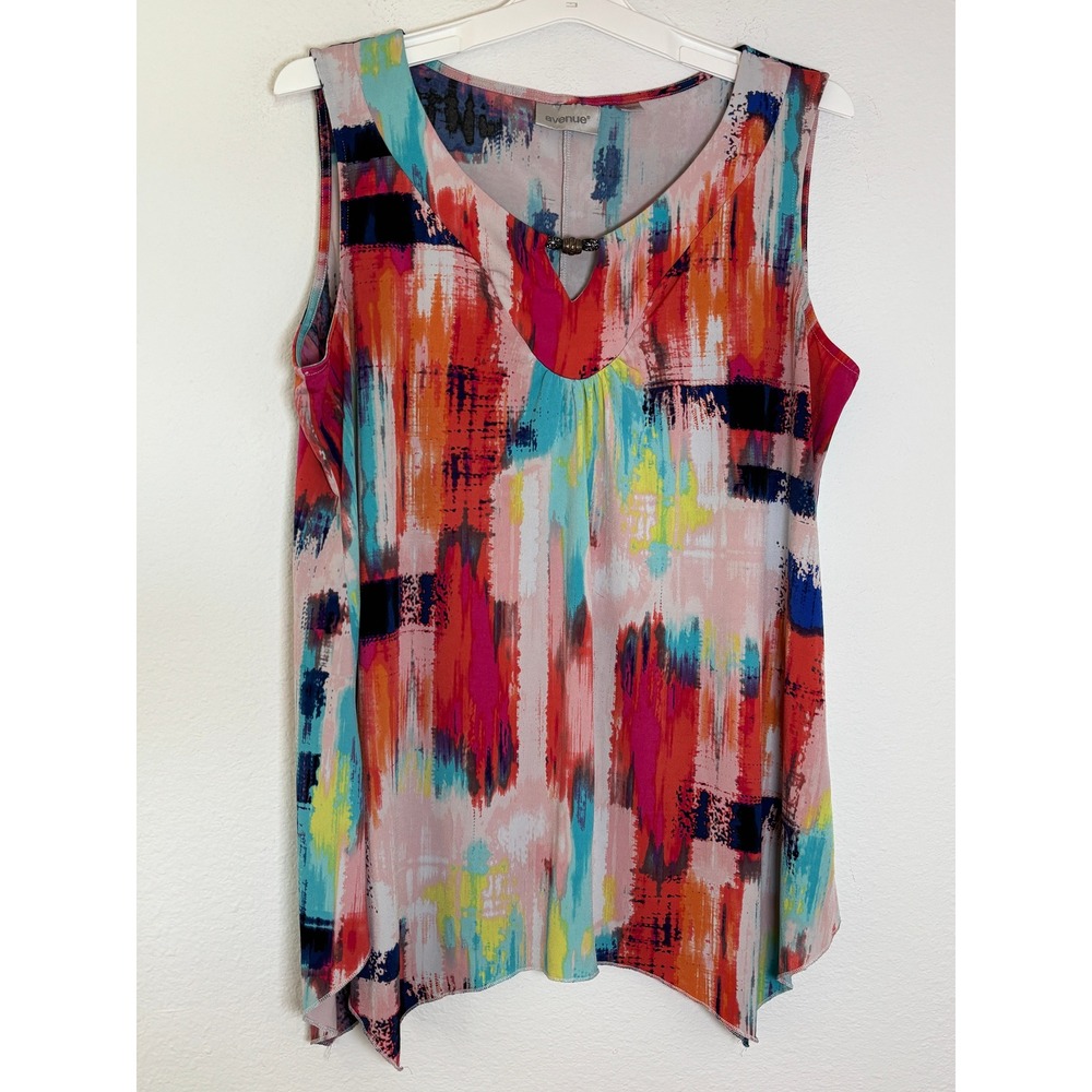 Avenue Abstract Brushstroke Sleeveless Blouse Beaded Split Neck Sharkbite 14/16